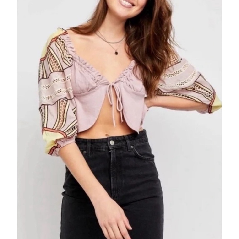 Free People Sunrise Sunset Women's Top with Patterned Sleeves NWT Sz S